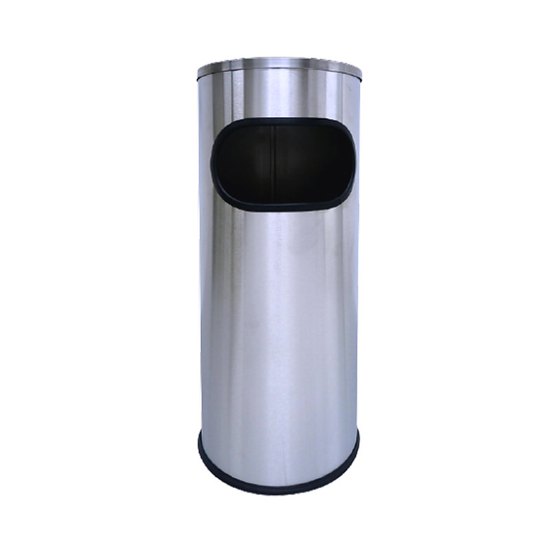 Basurero con cenicero integrado en la tapa, de acero inoxidable y cuerpo cilíndrico, para áreas comunes y recepciones.