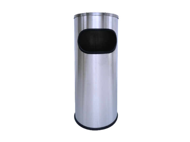 Basurero con cenicero integrado en la tapa, de acero inoxidable y cuerpo cilíndrico, para áreas comunes y recepciones.