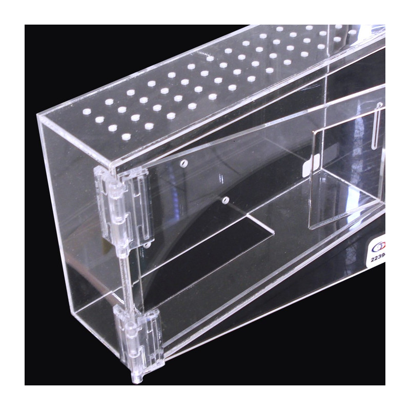 Caja acrílica de seguridad 4 Caja acrílica de seguridad transparente para reloj biométrico, con bisagras laterales y perforaciones de ventilación.