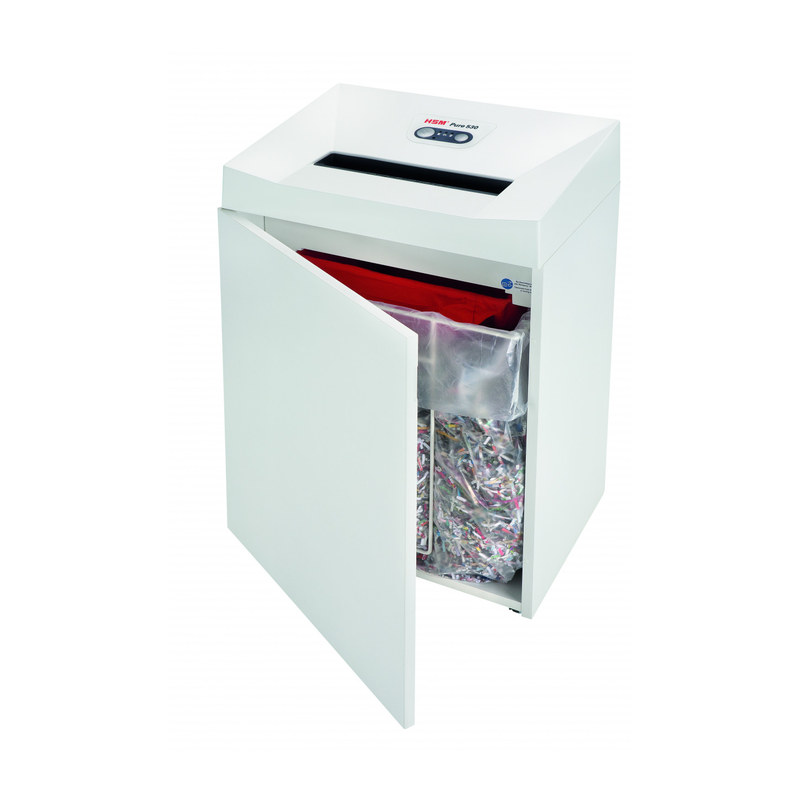 HSM PURE 530 8 Destructora de documentos HSM PURE 530 con la puerta del gabinete abierta y la bolsa recolectora llena de papel destruido.