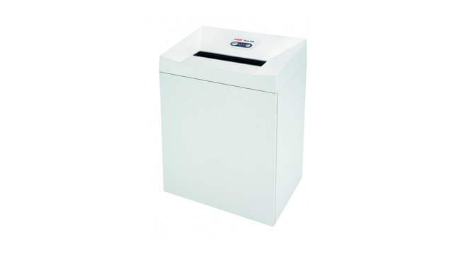 Destructora de documentos HSM PURE 530 de frente, de cuerpo entero, con su cabezal de corte y el gabinete cerrado.