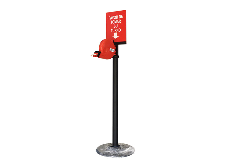 Poste expedidor de boletos de cuerpo completo, con el expendedor rojo montado en la parte alta y su rótulo de espera.