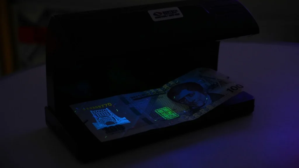 Lámpara UV para detectar billetes falsos encendida, con un billete de 100 lempiras en la base.