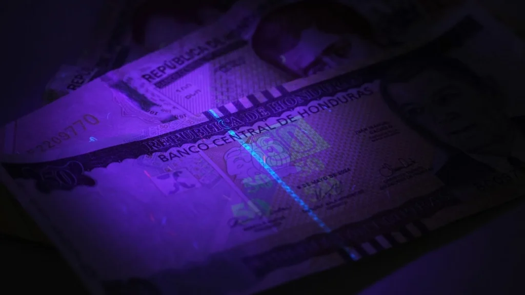 Billetes de lempira bajo la luz de la linterna UV para billetes, con sus marcas de seguridad a la vista.