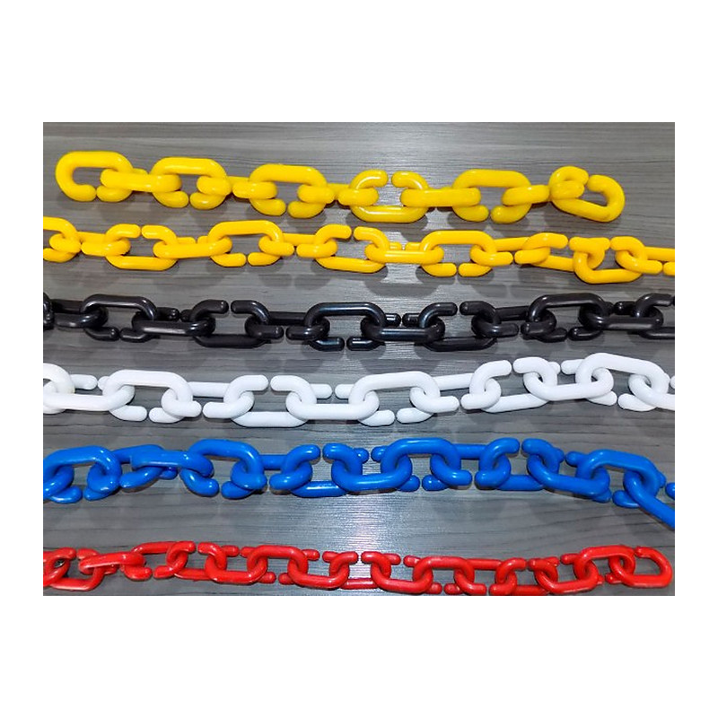 Cadenas plásticas de varios colores para postes separadores de fila: amarilla, negra, blanca, azul y roja.