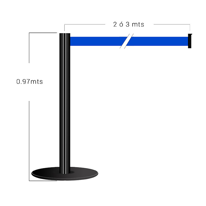 Poste de fila sencillo con cinta retráctil azul extendida, con las medidas del poste y del alcance de la cinta señaladas.
