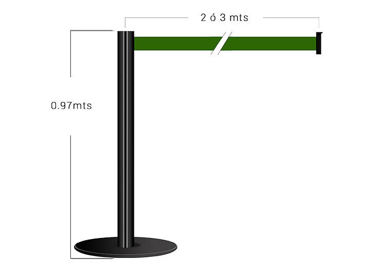 Poste de fila sencillo con cinta retráctil verde extendida y sus medidas señaladas.