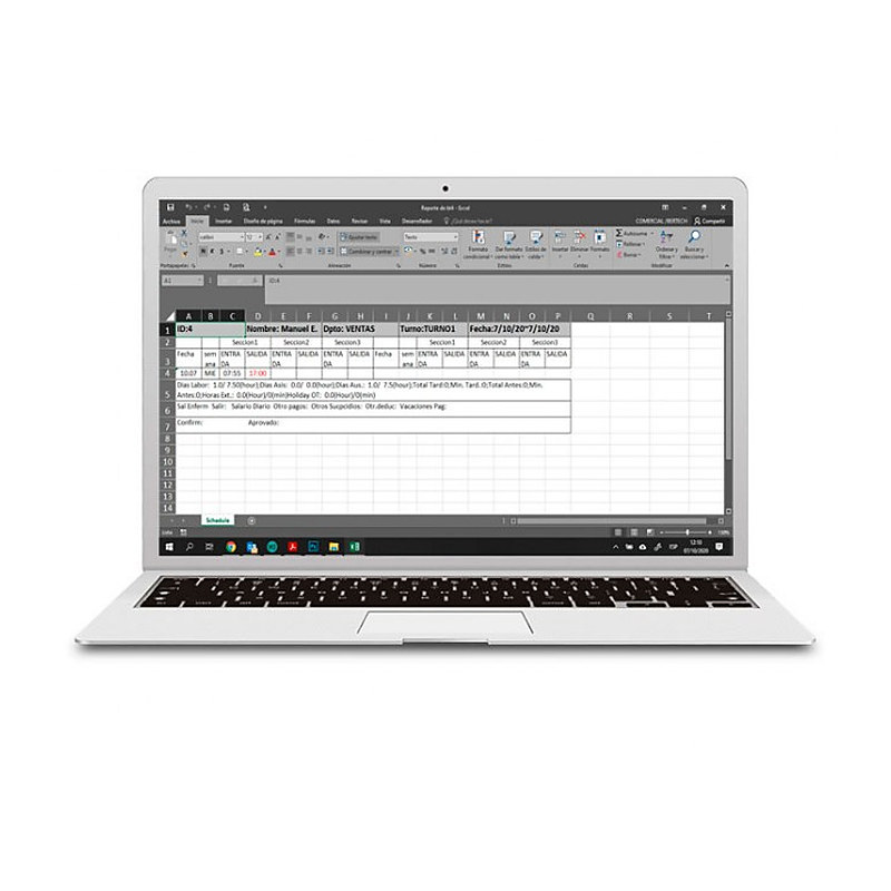 Reporte de marcaciones del reloj biométrico BT-4 abierto en una hoja de cálculo, tal como queda al exportarlo desde el equipo.