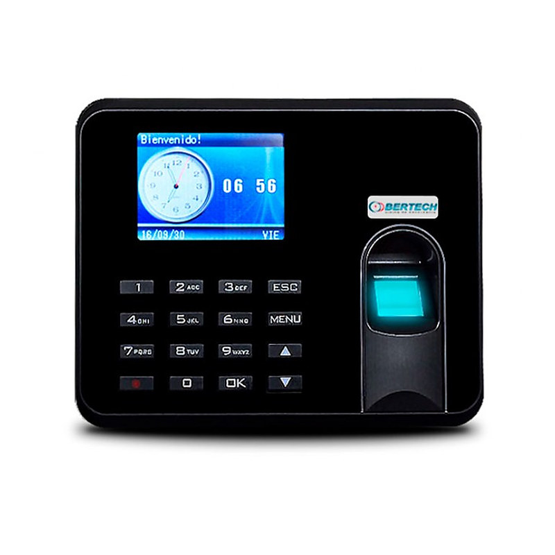 Reloj biométrico de huella BT-4 de frente, con la pantalla a color encendida, el teclado numérico y el lector de huella.