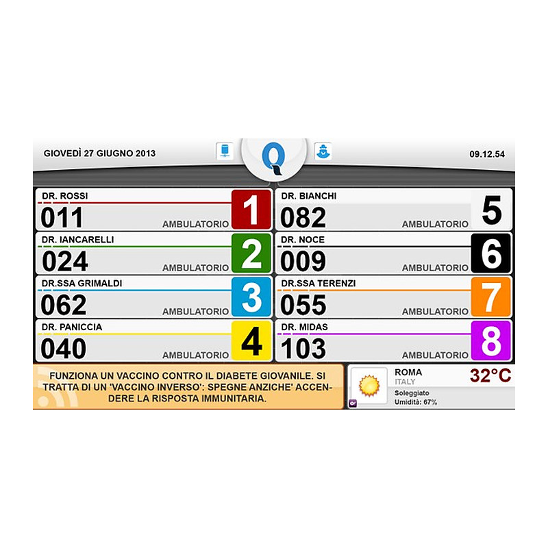 Pantalla de llamado del sistema de turnos Micro Q-Summary configurada para ocho puestos de atención.