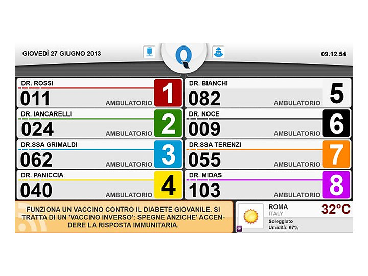 Pantalla de llamado del sistema de turnos Micro Q-Summary configurada para ocho puestos de atención.